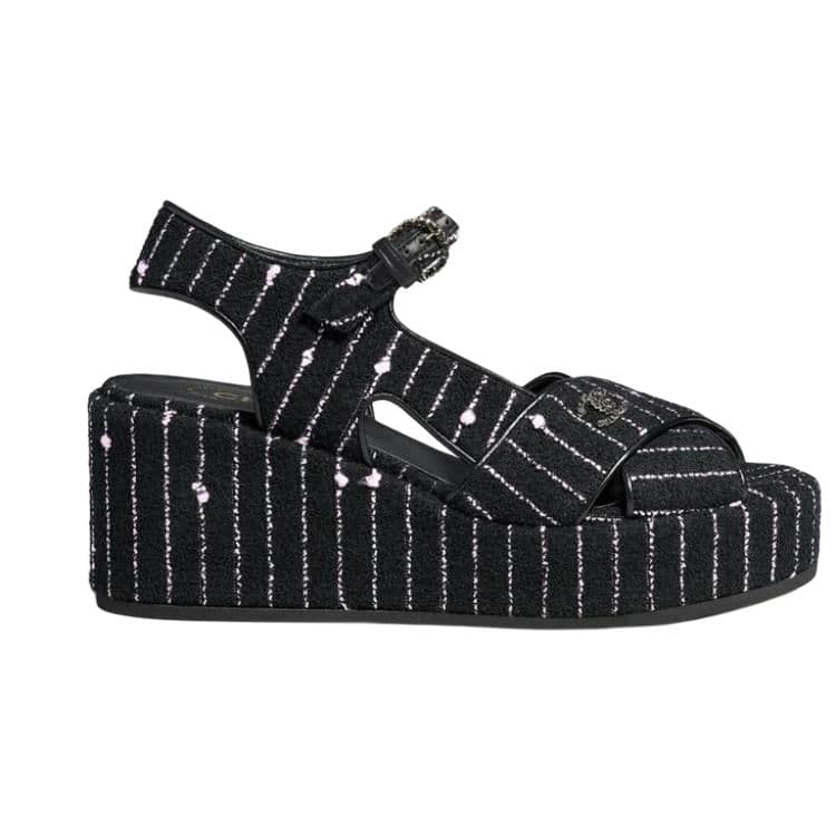 CHANEL Cotton Iridescent Tweed Logo Sandals Women's Black 4
