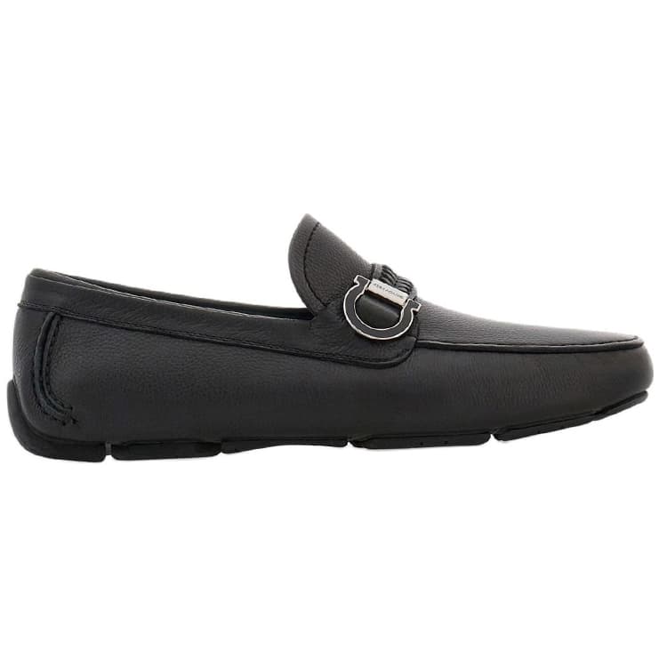 FERRAGAMO GANCINI Calfskin Slip-On Round Toe Loafers Men's Black 3