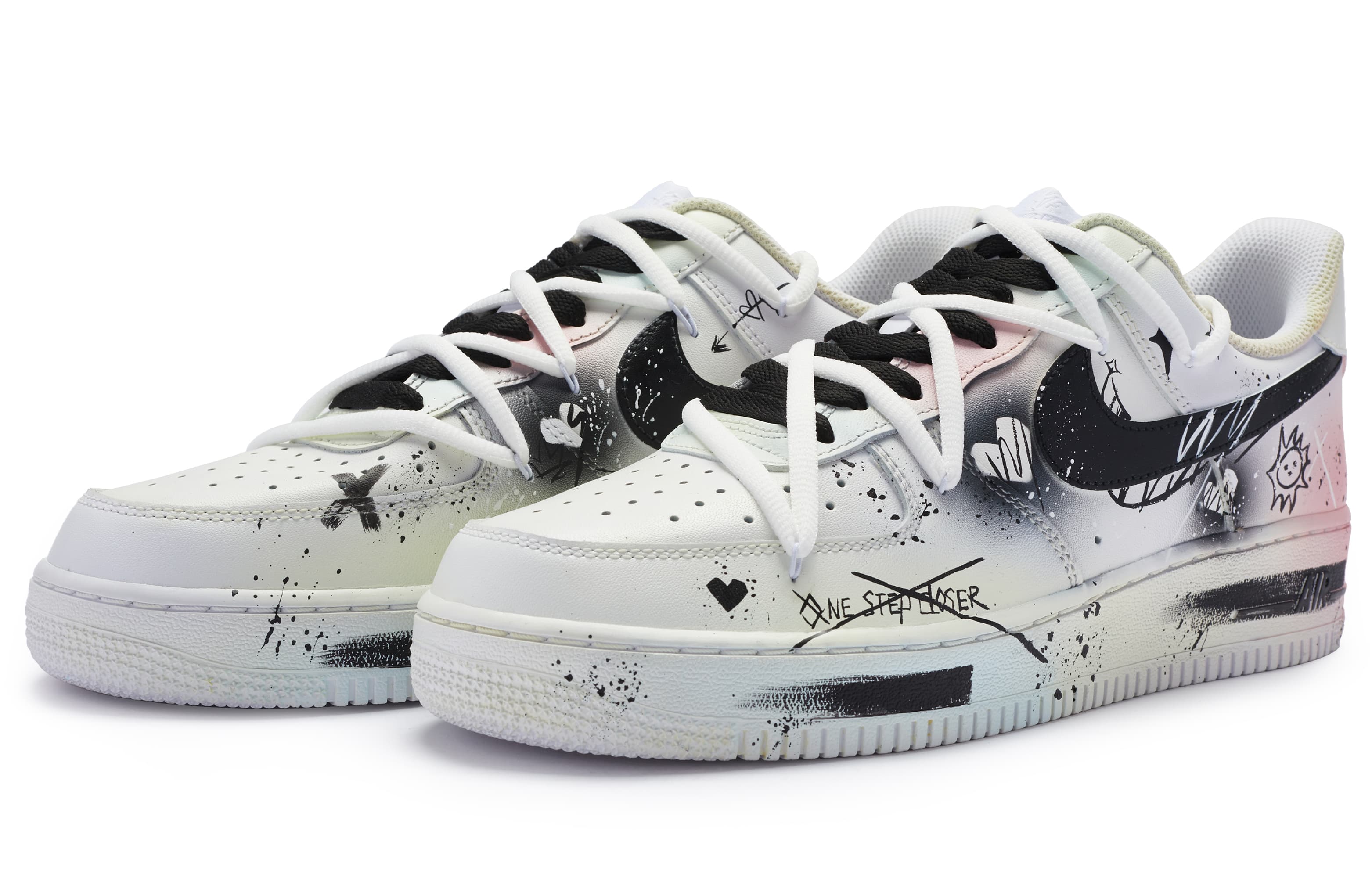 Nike Air Force 1 Low Top Skateboard Shoes Men's White Black Pink 5