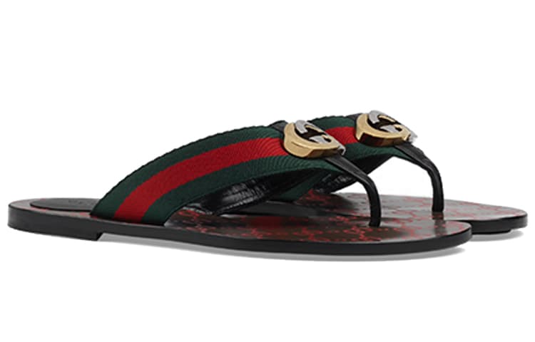 GUCCI Web Thong Sandal Black Leather Women's 3