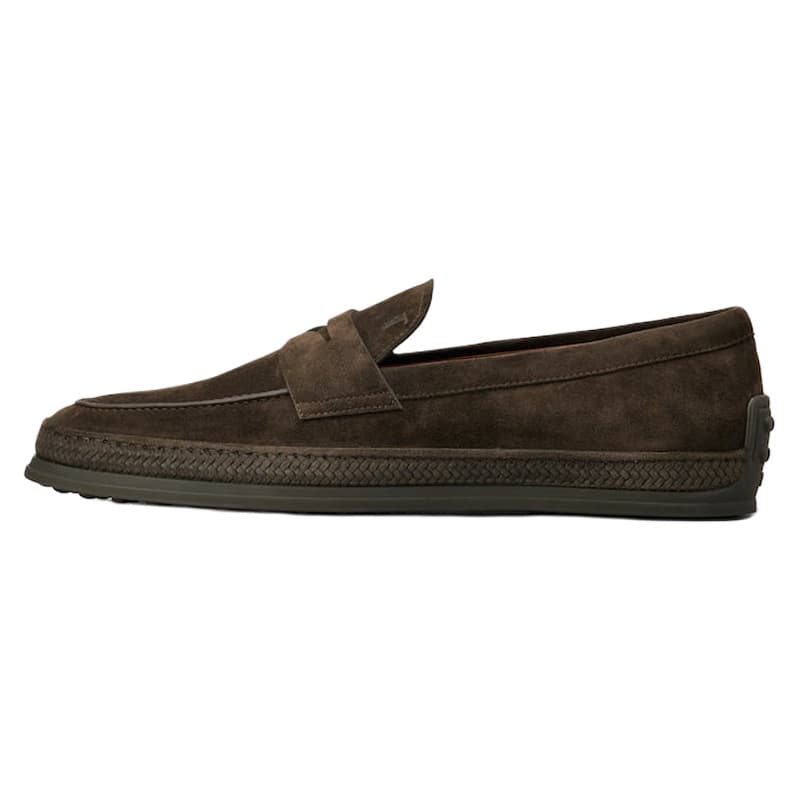 TOD'S Suede Letter Print Round Toe Slip-On Loafers Men's Brown