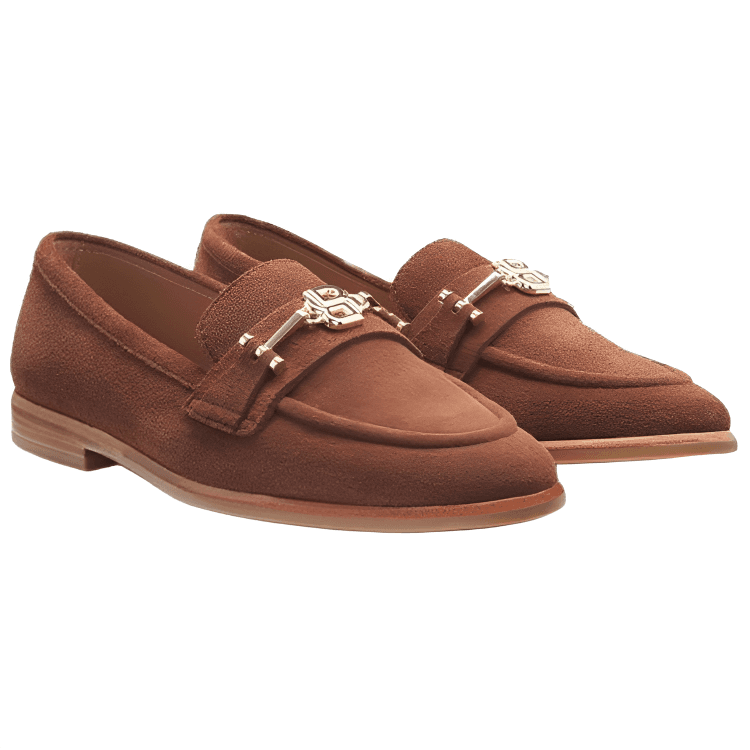 HUGO BOSS Cow Split Leather Double B Letter Decor Pointed Slip-On Loafers Women's Brown 6