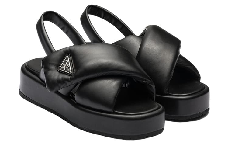 PRADA Soft Padded 35mm Wedge Sandals Black Nappa Leather Women's 5