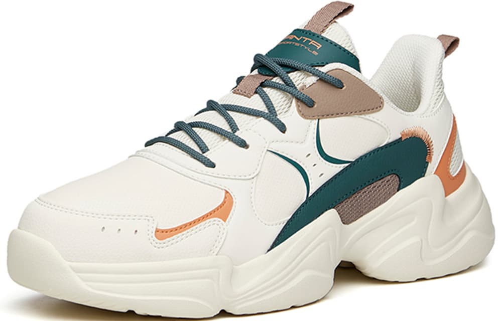 ANTA Chunky Sneakers Men Low Top Light Beige White/Dark Moss Green/Orange 3