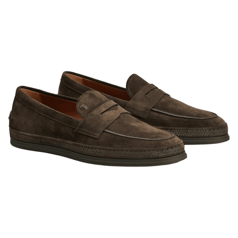 TOD'S Suede Letter Print Round Toe Slip-On Loafers Men's Brown 6