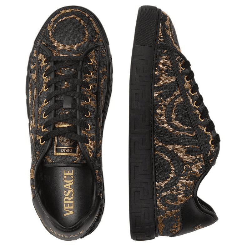VERSACE Barocco Jacquard Greca Cotton Round-Toe Lace-Up Low-Top Skate Shoes Men's Black Gold 5