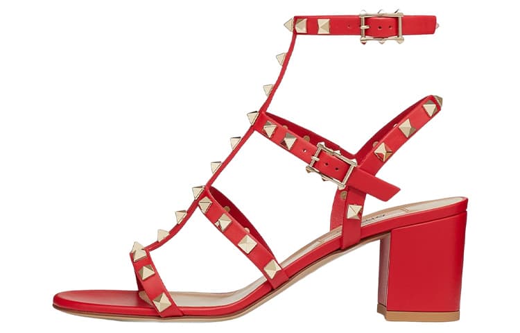 Valentino Rockstud Leather Ankle Strap Sandals Women's Red