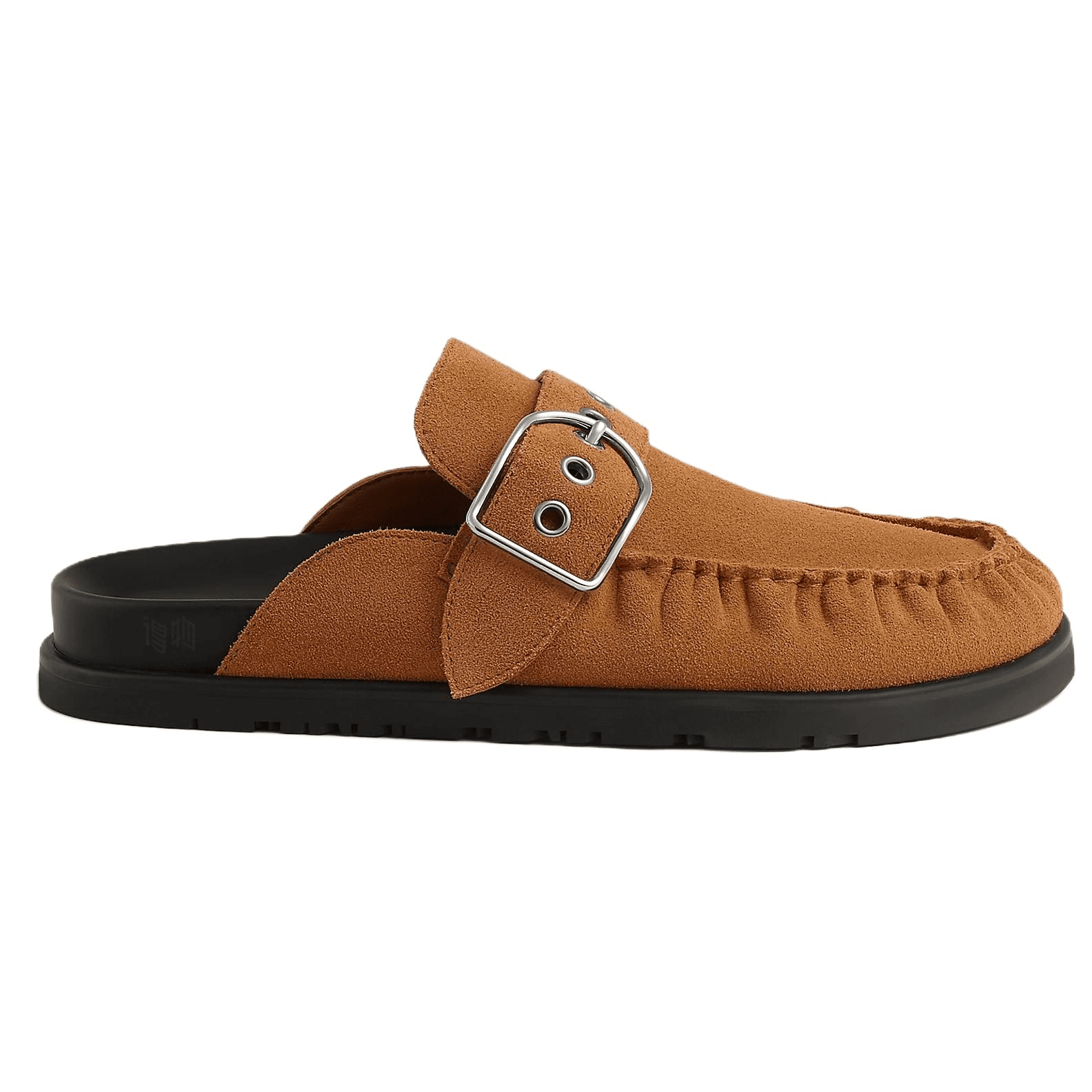 HERMES Key Key Suede Goatskin Palladium-Plated Buckle Round Toe Slip-On Rubber Toe-Cap Slippers Women's Brown 4