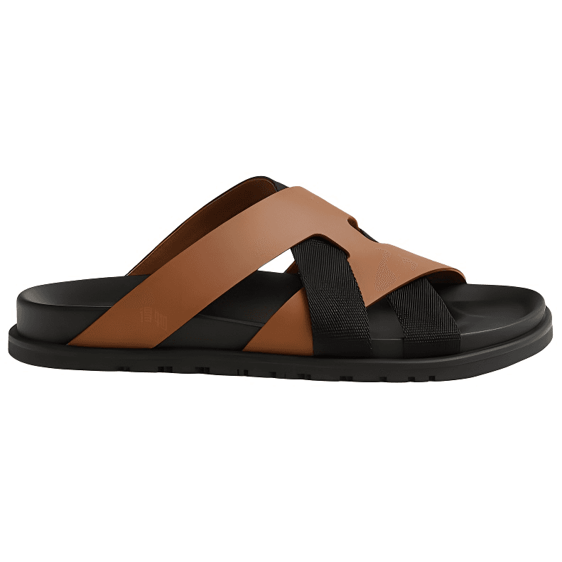 HERMES Kazimir Woven Ribbon and Calfskin Open-Toe Slip-On Flip-Flops Men's Black 3