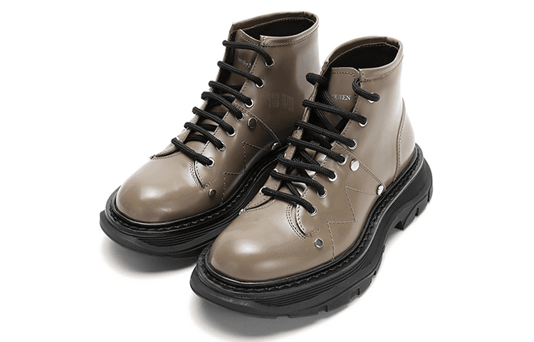 Alexander McQueen Tread Slick Leather Lace-Up Ankle Boots Women's Khaki 6