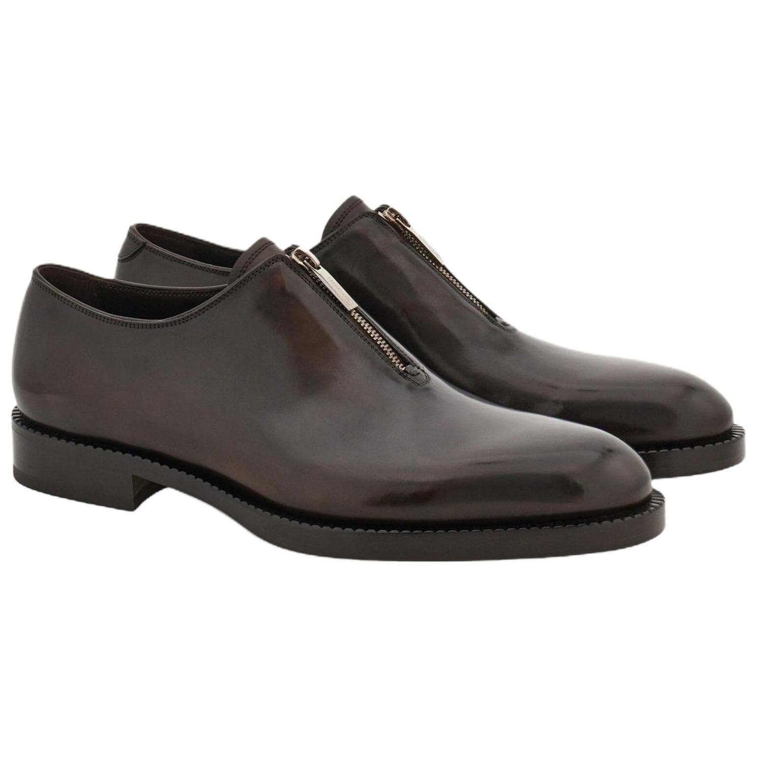 FERRAGAMO Cow Leather Zip Detail Derby Shoes Dress Leather Shoes Men's Brown 5