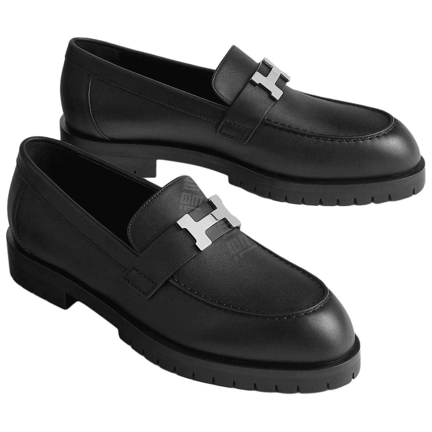 HERMES Faubourg Calfskin Round Toe Slip-On Loafers Women's Black 5