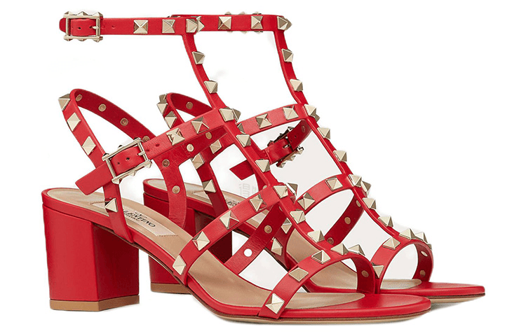 Valentino Rockstud Leather Ankle Strap Sandals Women's Red 5