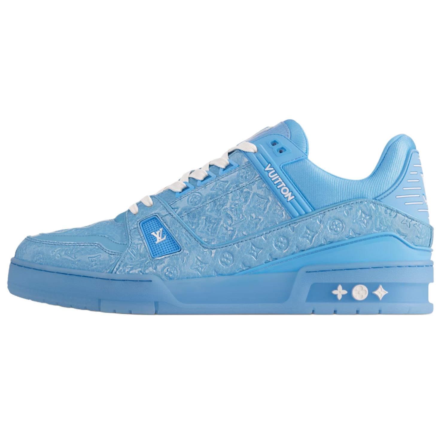 LOUIS VUITTON Trainer Patent Calfskin Leather Round-Toe Lace-Up Pattern Embossed Low-Top Sneakers Men's Blue