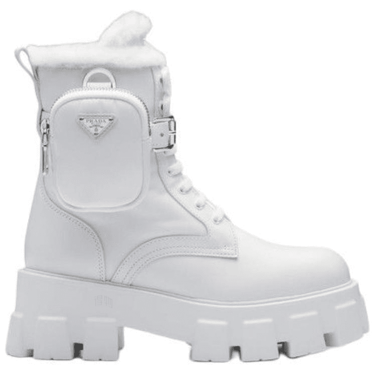 PRADA Monolith Leather Round Toe Lace-Up Ankle Boots Women's White 4
