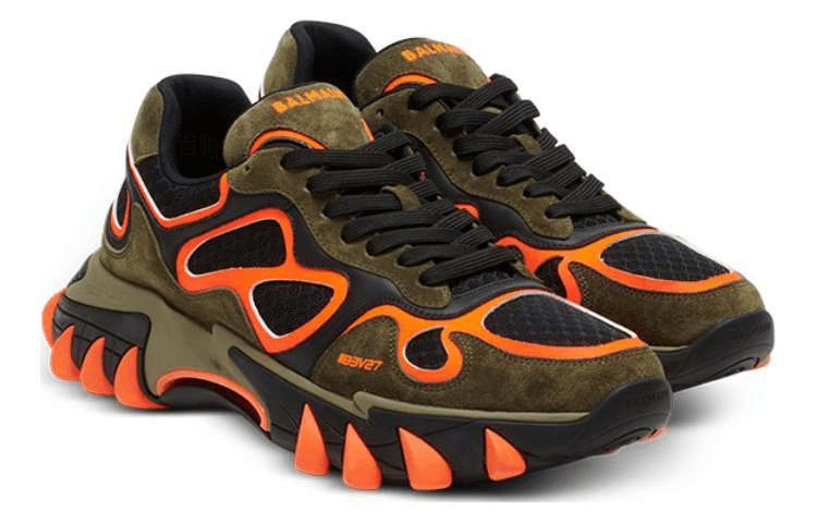 BALMAIN B-East Fabric & Synthetic Leather Chunky Sole Low-Top Casual Sneakers Men's Military Green & Fluorescent Orange 6