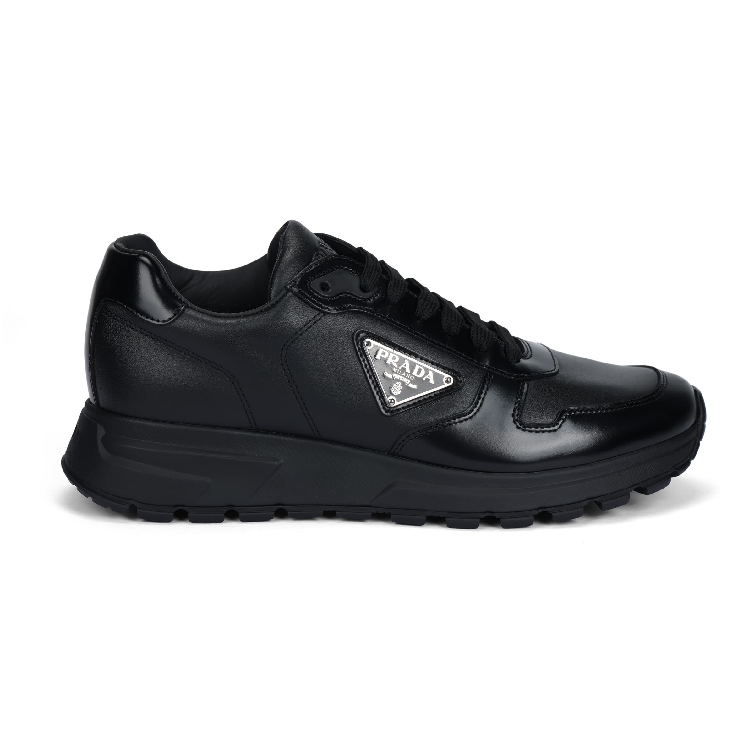 PRADA Lambskin Leather Round Toe Lace-Up Low-Top Casual Shoes Men's Black 4