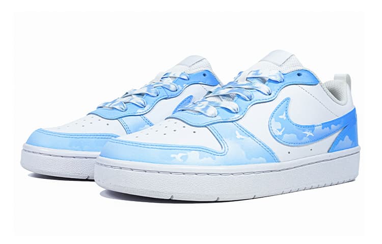 Custom Sneakers Nike Court Borough Low 2 Jiu Zhi Romantic Blue Sky Horizon Magpie Flying Bird Gradient Sky Retro Casual Skate Shoes GS Blue 5