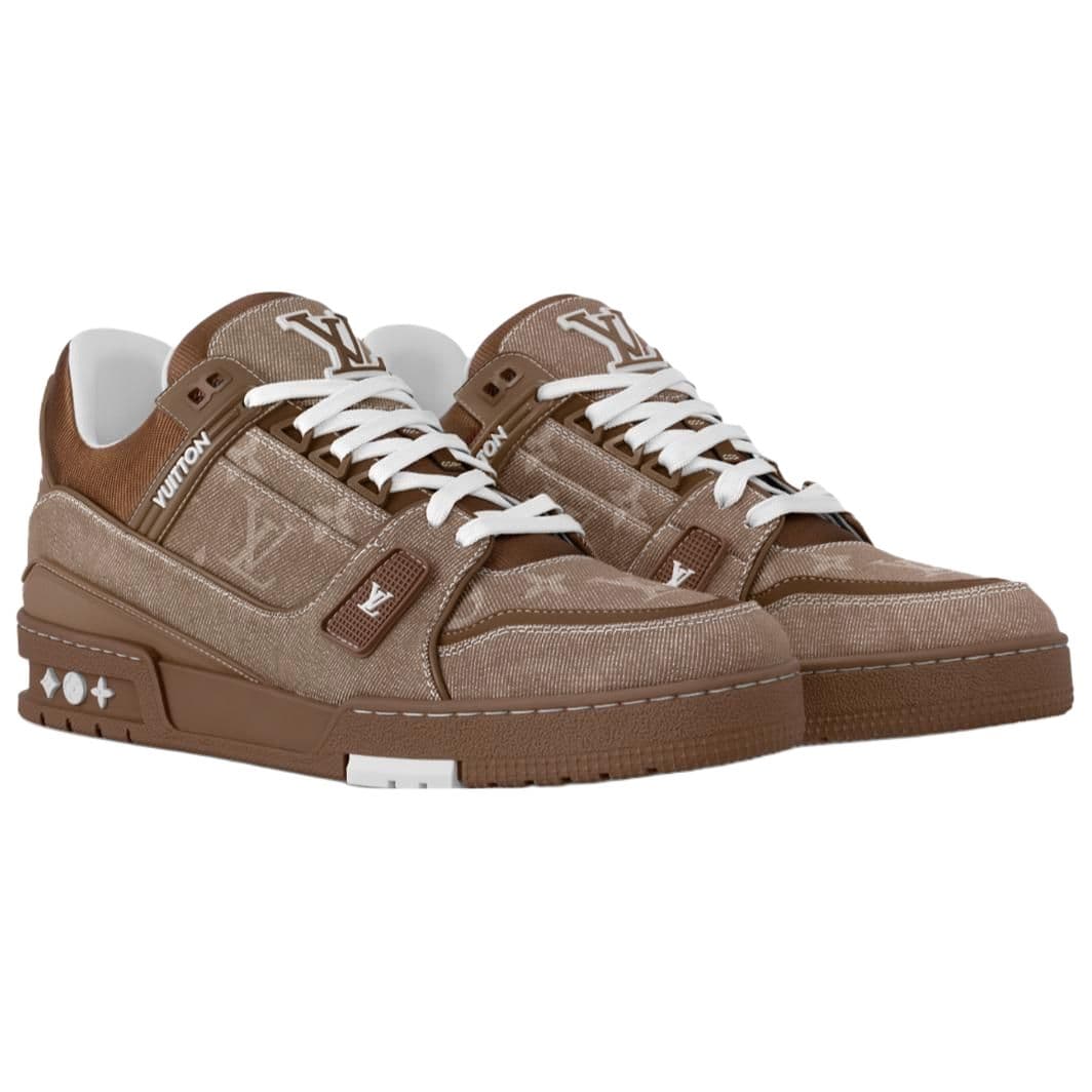 LOUIS VUITTON Trainer Denim Lace-Up Round-Toe Logo Print Low-Top Canvas Shoes Men's Brown 5