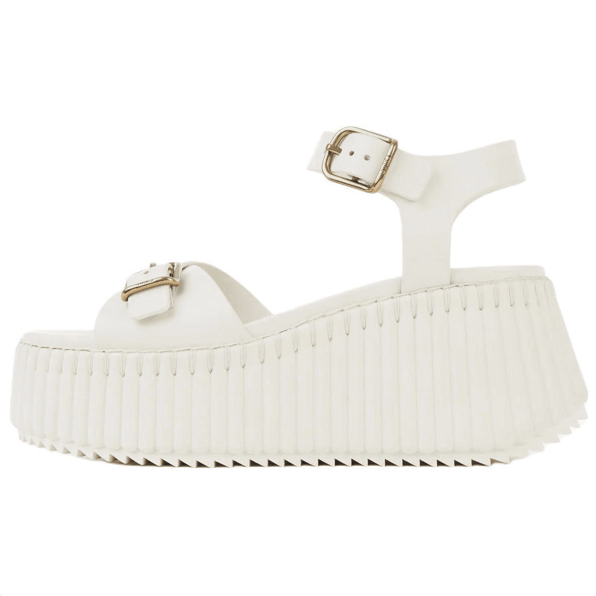 Chloe Nama Calfskin Round Toe Buckle Wedge Sandals 8cm Women's White