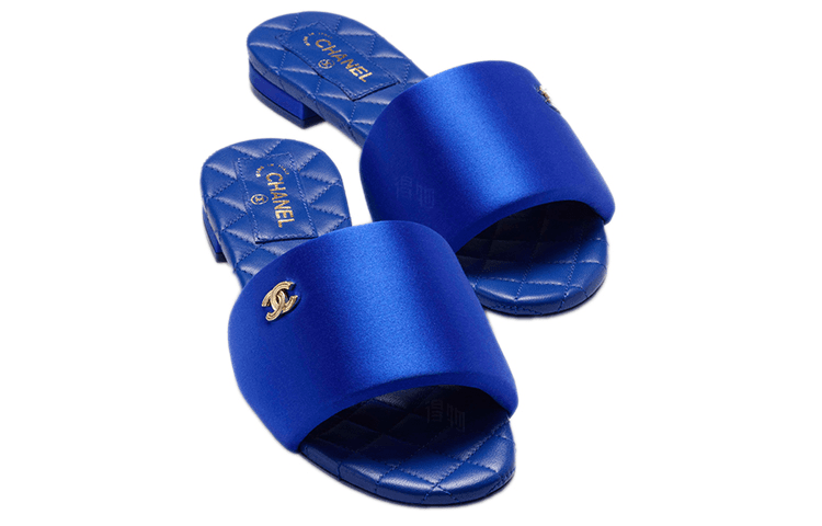 CHANEL Satin Comfortable Simple Fashion Slide Sandals Women's Blue 6