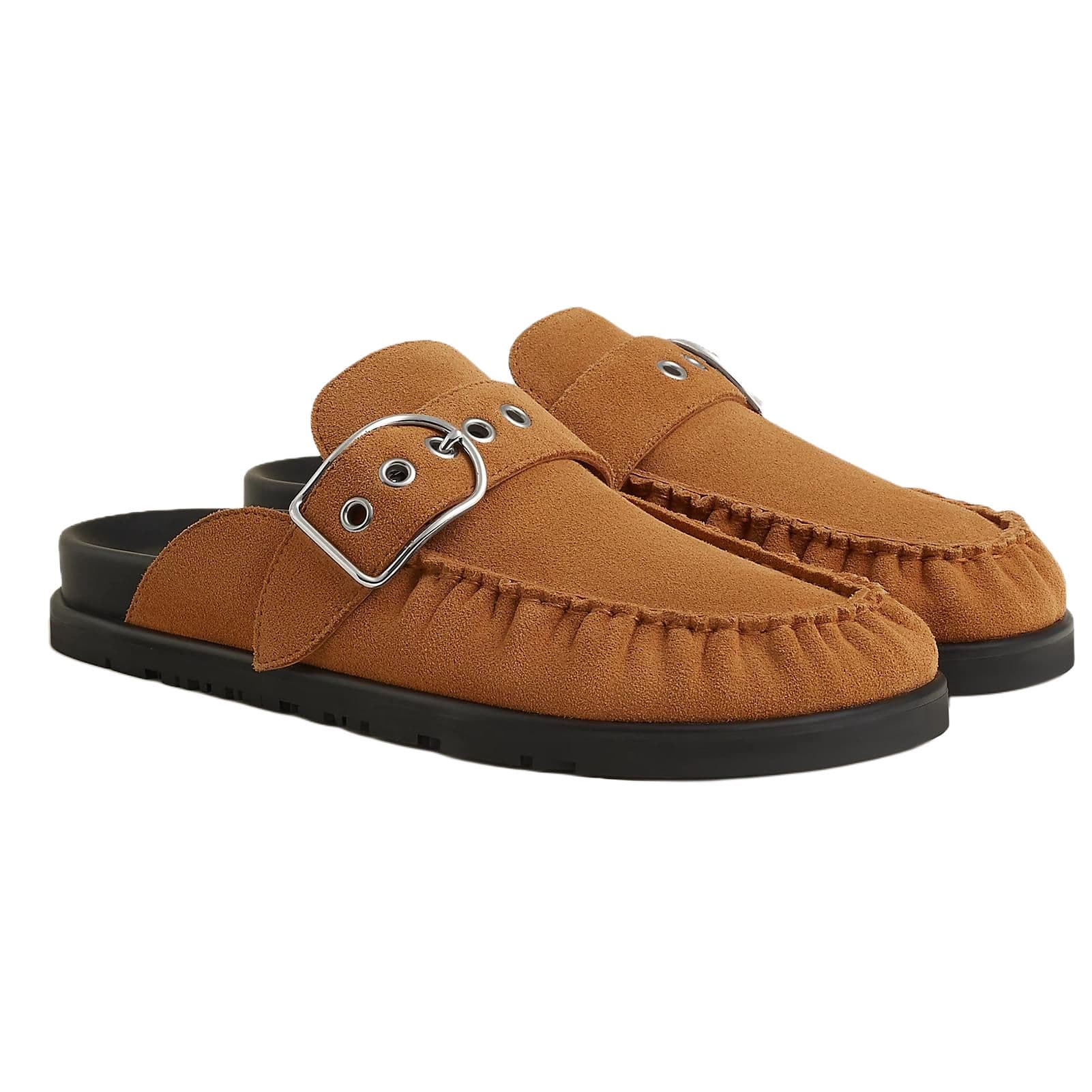 HERMES Key Key Suede Goatskin Palladium-Plated Buckle Round Toe Slip-On Rubber Toe-Cap Slippers Women's Brown 6