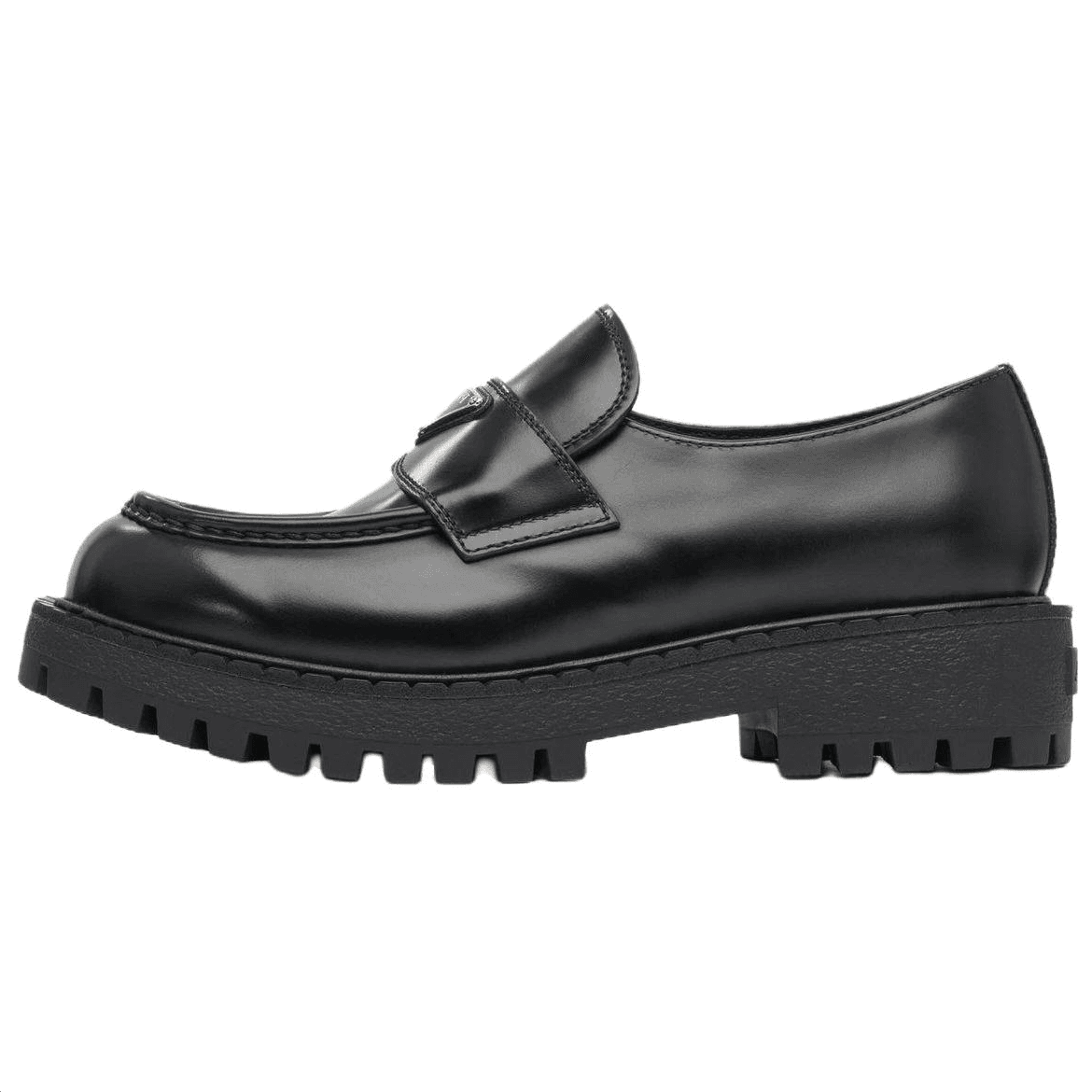 PRADA Monolith Calfskin Metal Logo Loafers Men's Black 2