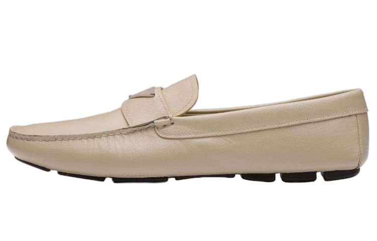PRADA Leather Logo Slip-On Loafers Men's Beige 2