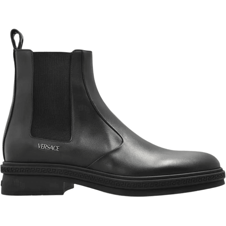 VERSACE Greca Calfskin Round-Toe Pull-On Short Chelsea Boots Men's Black 4