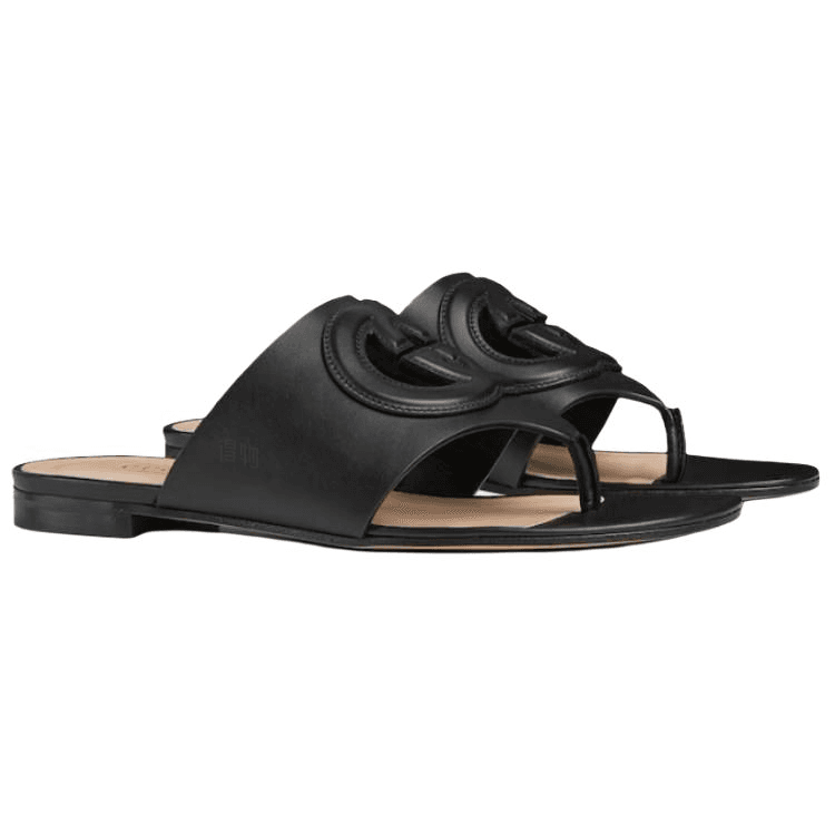 GUCCI Interlocking Leather Round-Toe Thong Flip-Flops Women's Black 6