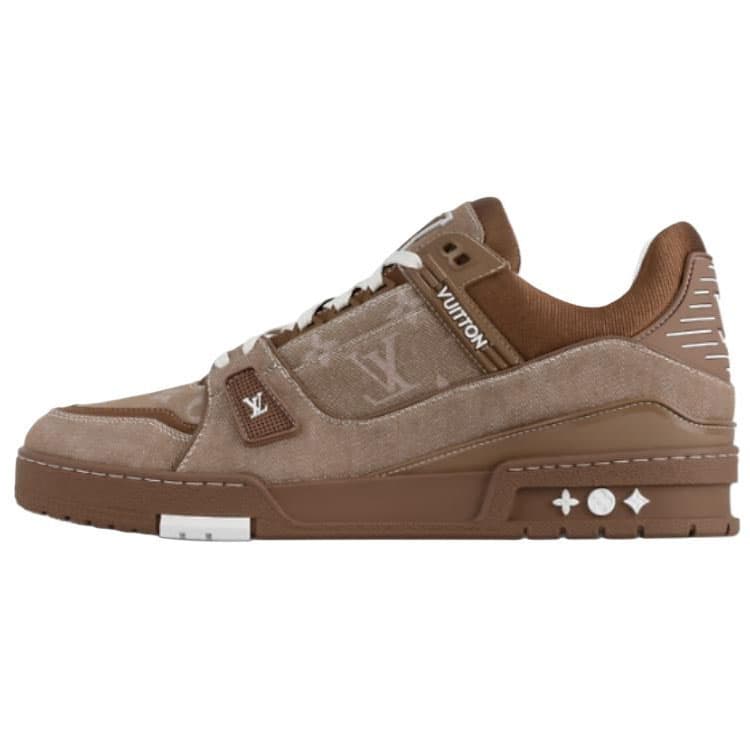 LOUIS VUITTON Trainer Denim Lace-Up Round-Toe Logo Print Low-Top Canvas Shoes Men's Brown