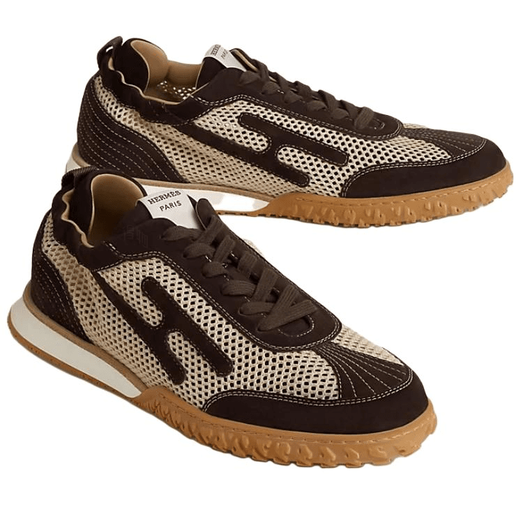 HERMES Jet Suede Leather Contrast Pattern Round Toe Lace-Up German Army Trainers Low-Top Casual Shoes Men's Brown 5