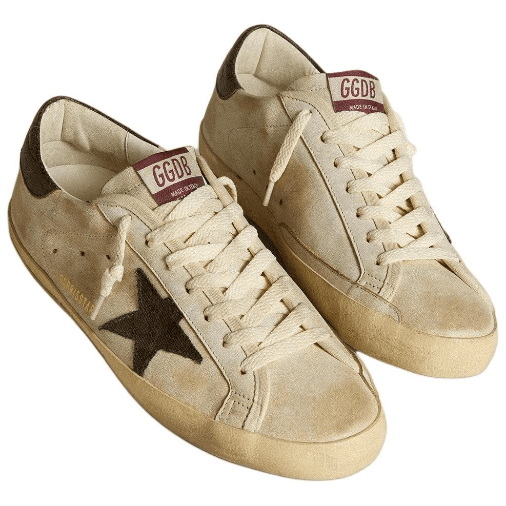 Golden Goose Super-Star Leather Cotton Denim Star Pattern Low-Top Sneakers Men's Beige 6