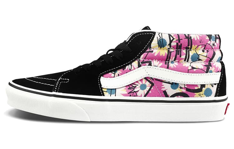 Vans Sk8 Mid Retro High Top Casual Skate Shoes Unisex Flowers Graffiti 'Black Pink White' 2