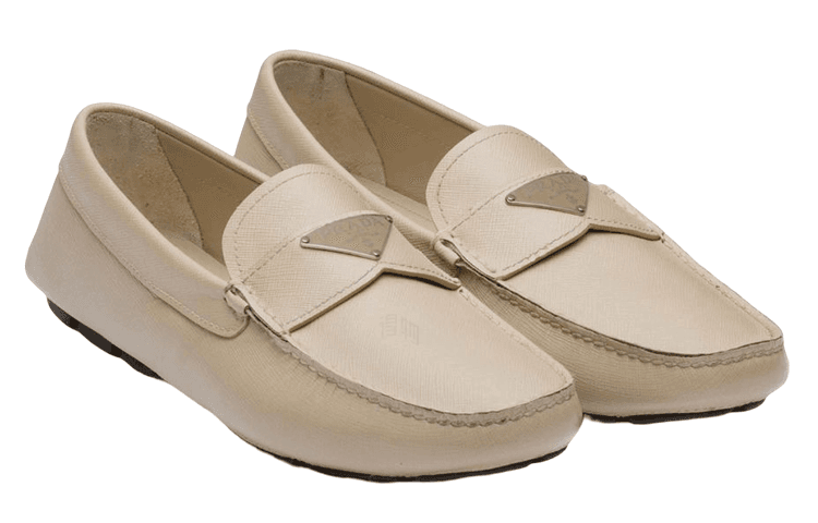 PRADA Leather Logo Slip-On Loafers Men's Beige 6