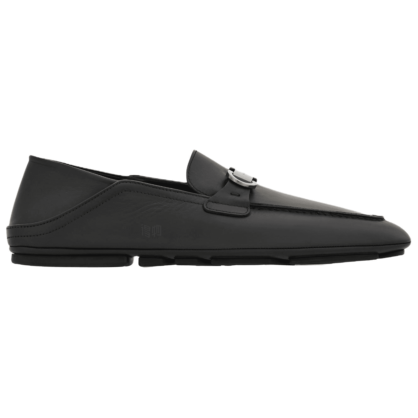 FERRAGAMO GANCINI Calfskin Square-Toe Flat Loafers Men's Black 3