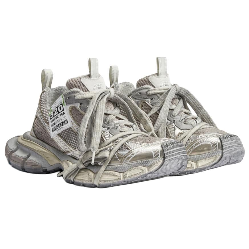 Balenciaga 3XL PU Polyester Distressed Round-Toe Lace-Up Low-Top Dad Shoes Men's Silver 5