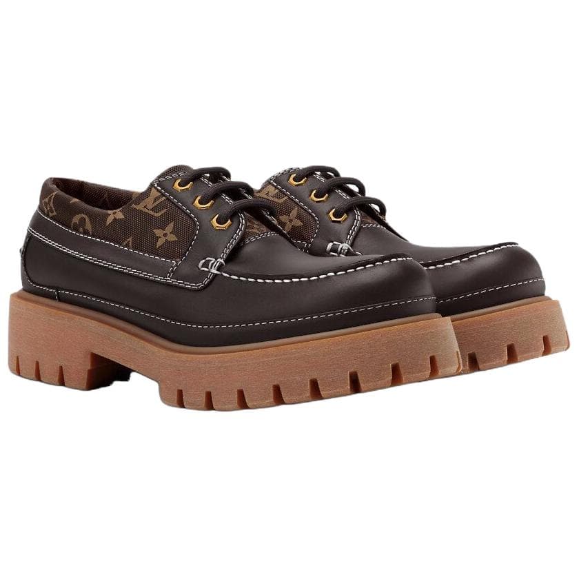 LOUIS VUITTON REMIX Cow Leather Round Toe Lace-Up Loafers Casual Shoes Men's Brown 6