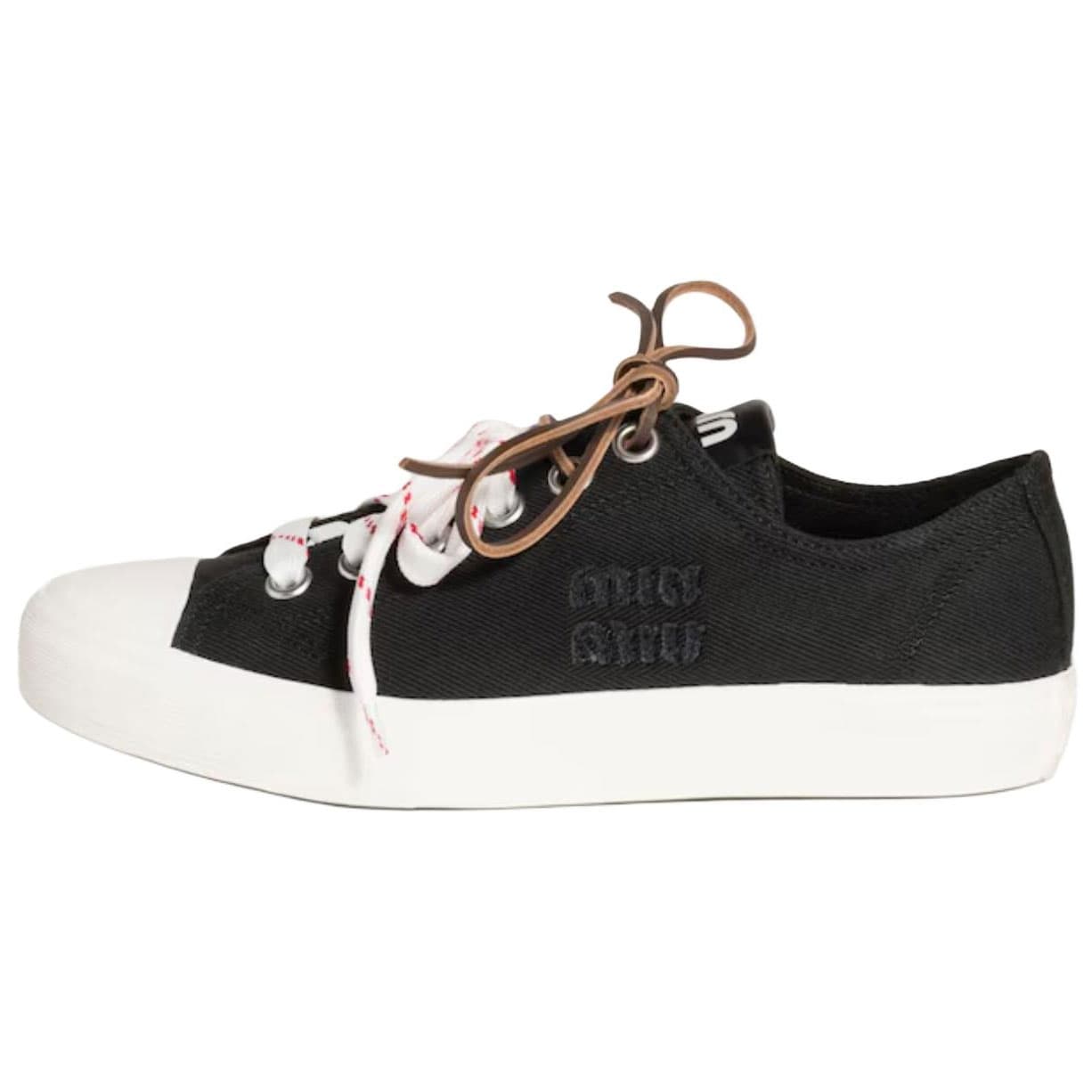 MIU MIU Washed Denim Canvas Round Toe Lace-Up Low-Top Canvas Shoes Women's Black