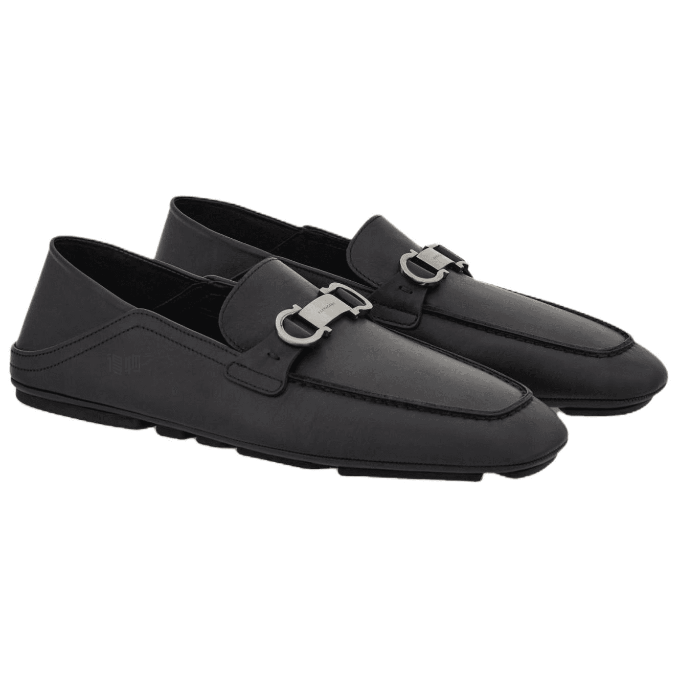FERRAGAMO GANCINI Calfskin Square-Toe Flat Loafers Men's Black 5