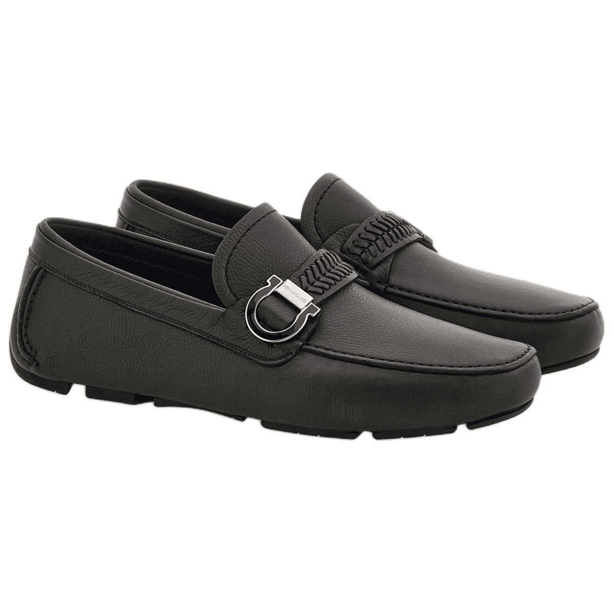 FERRAGAMO GANCINI Calfskin Slip-On Round Toe Loafers Men's Black 6