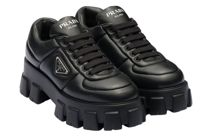 PRADA Monolith Brushed Leather Lace up Shoes 'Black' Women's 4