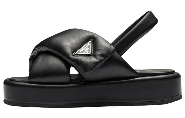 PRADA Soft Padded 35mm Wedge Sandals Black Nappa Leather Women's