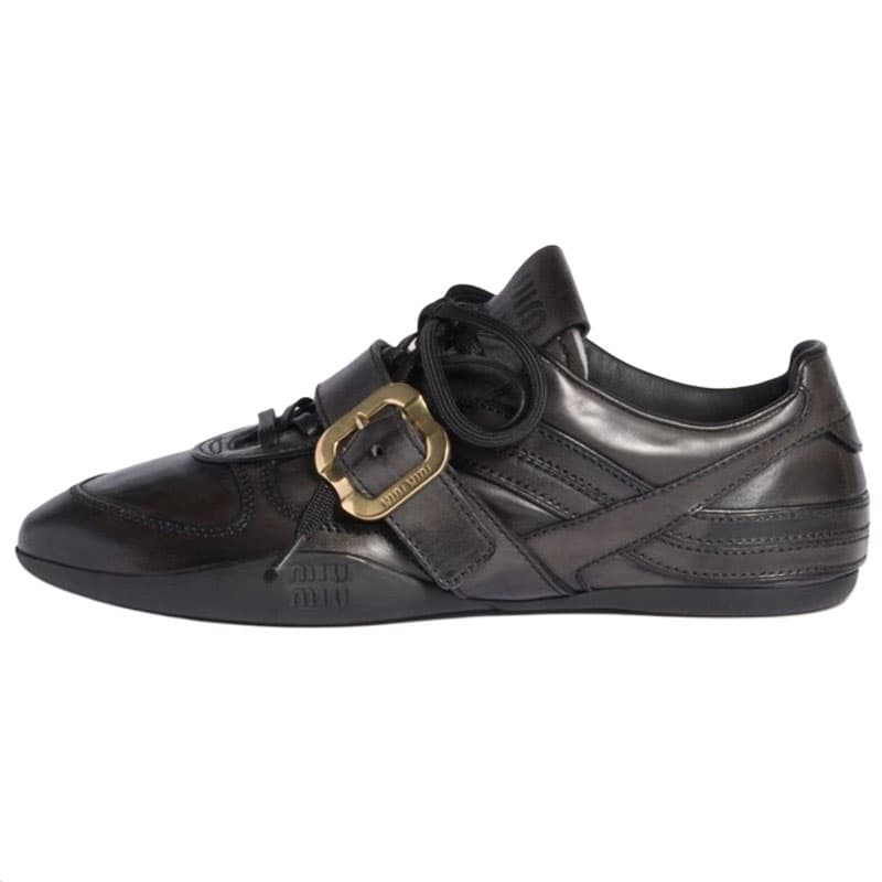 MIU MIU FW25 Fall Winter Series German Training Shoes Thin Sole Calfskin Round Toe Lace-Up Buckle Decoration Low-Top Casual Shoes Women's Black 2