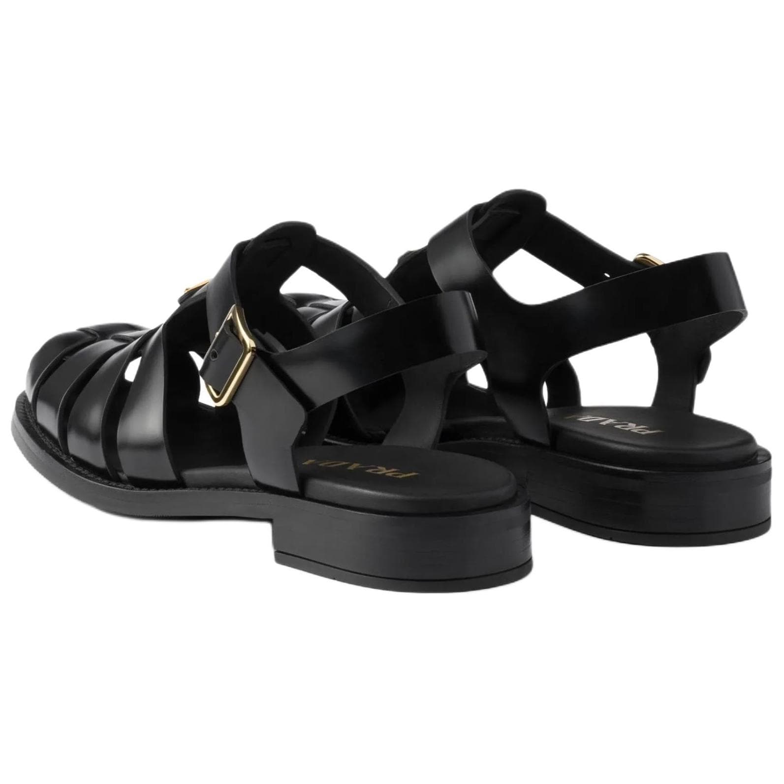 PRADA Fisherman Calfskin Enameled Triangle Metal Logo Round Buckle Fisherman Roman Sandals Women's Black 6