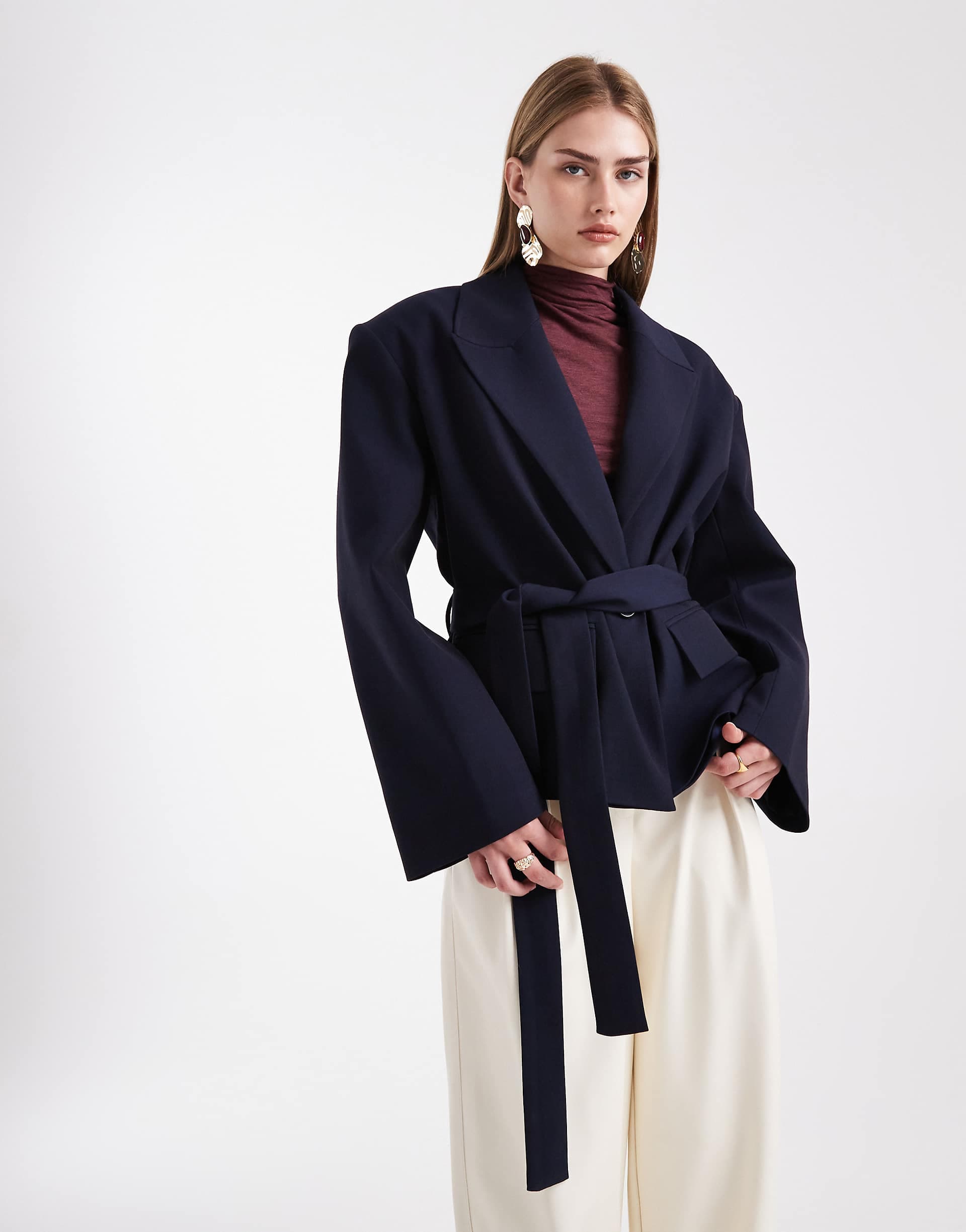 ASOS DESIGN tailored boxy belted blazer in navy
