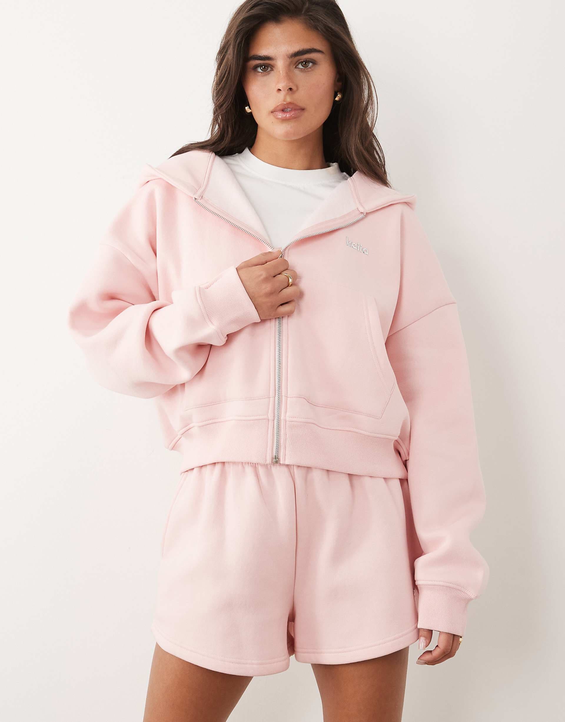 Kaiia cotton rich silver hardware logo zip up oversized hoodie in pink - part of a set