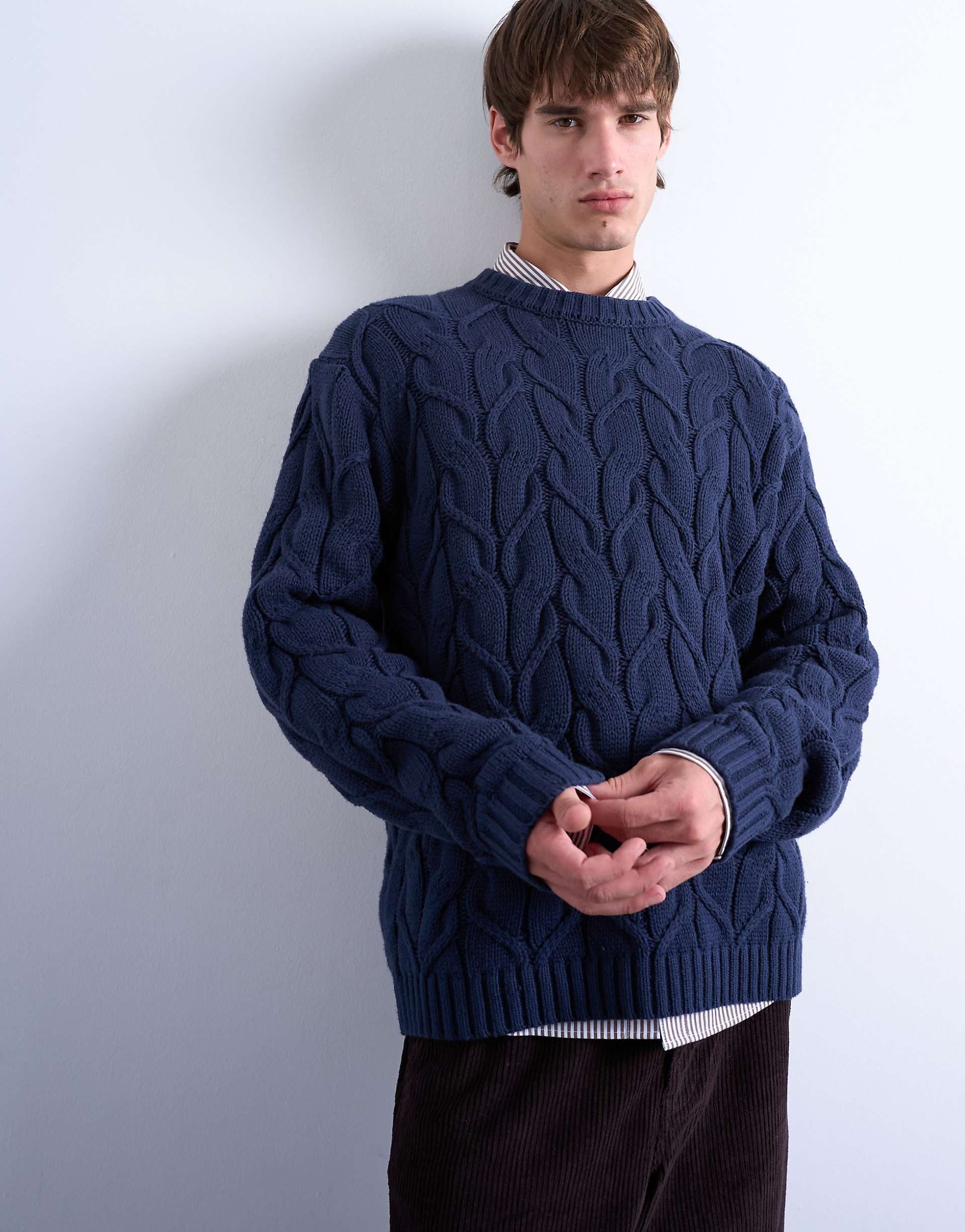 Topman relaxed fit heavyweight knit sweater with cable in navy