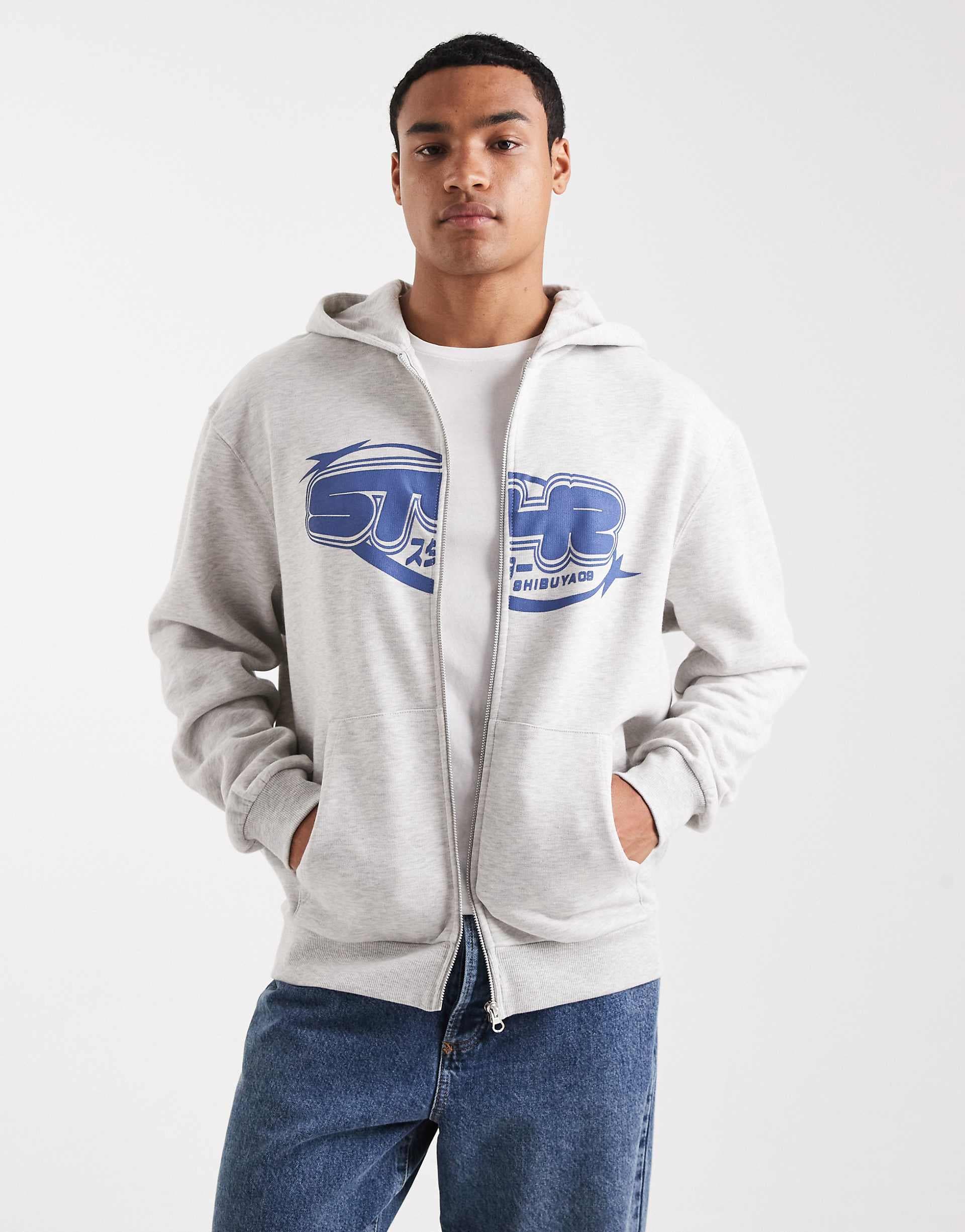 ASOS DESIGN zip up hoodie with street print in heathered ice