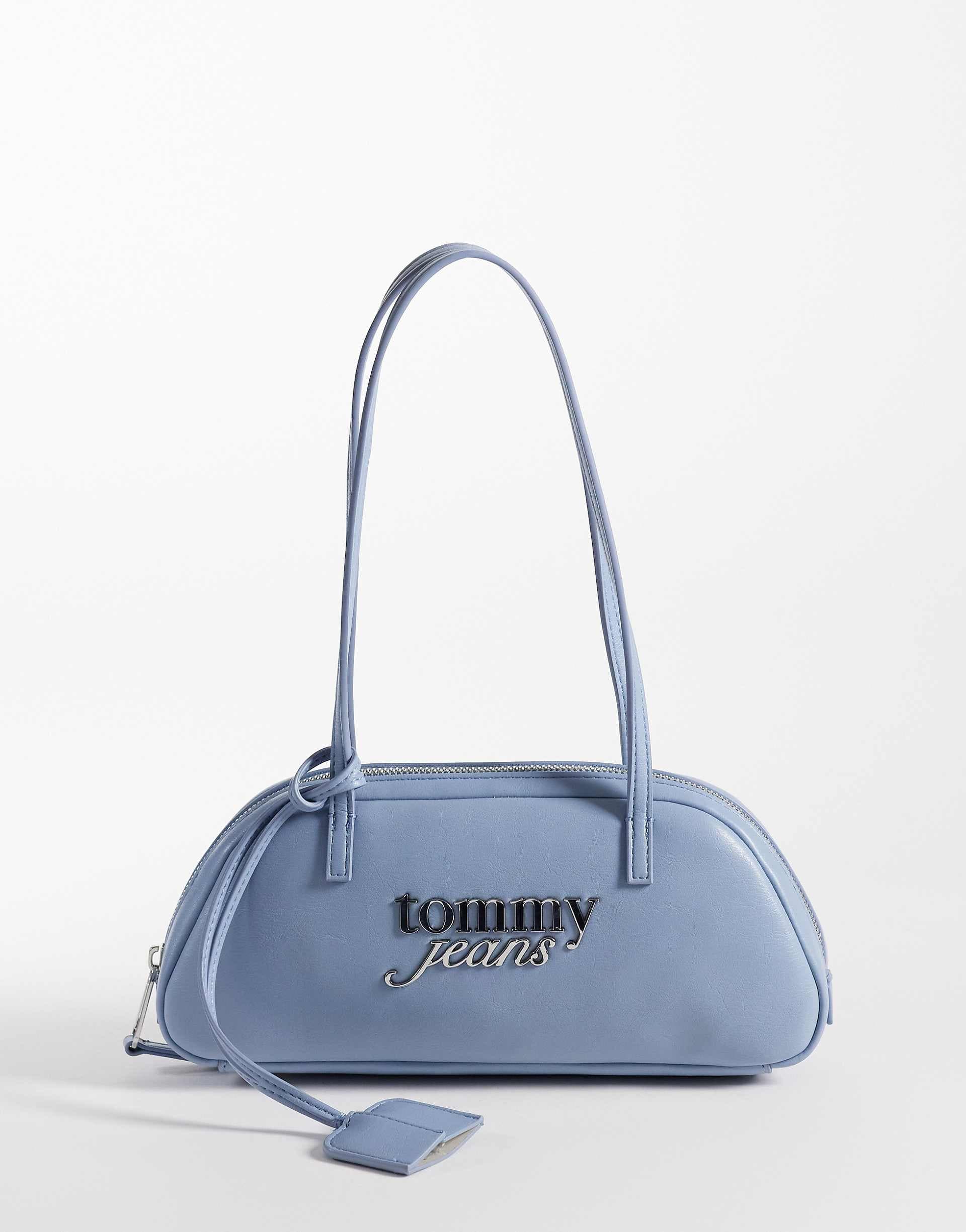 Tommy Jeans silver bold logo shoulder bag in baby blue